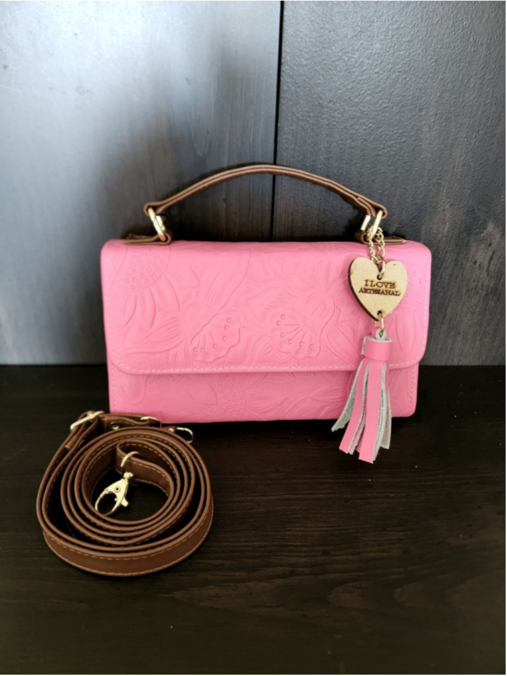 Mexican Pink Sunflower Embossed Tooled Artisan LEATHER Crossbody Purse - Picture 12 of 16